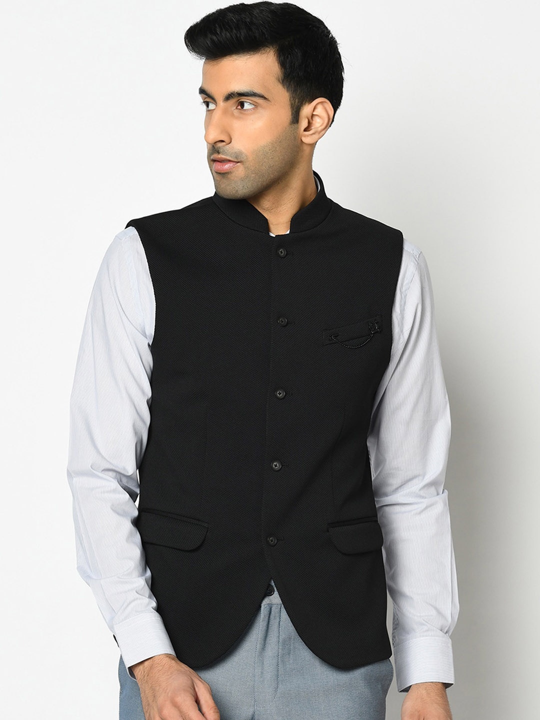 

Blackberrys Men Black Solid Slim Fit Nehru Jacket with Brooch