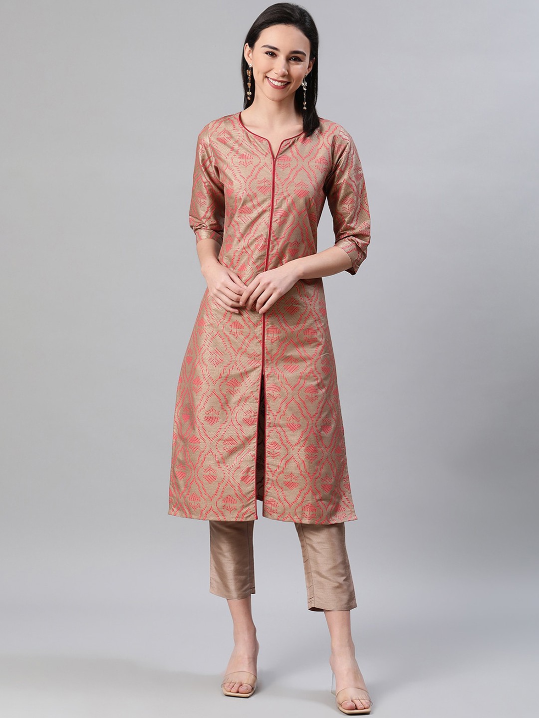 

ZIYAA Women Brown & Pink Printed Kurta with Trousers