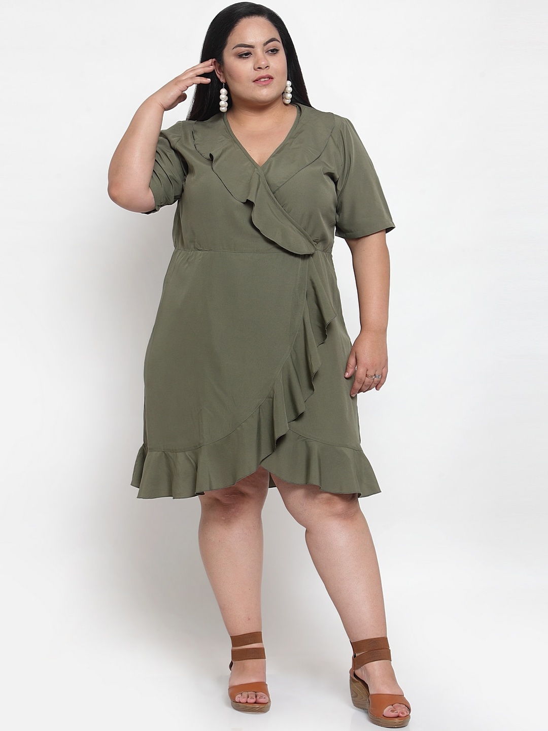 

Flambeur Women Olive Green Solid Wrap Dress