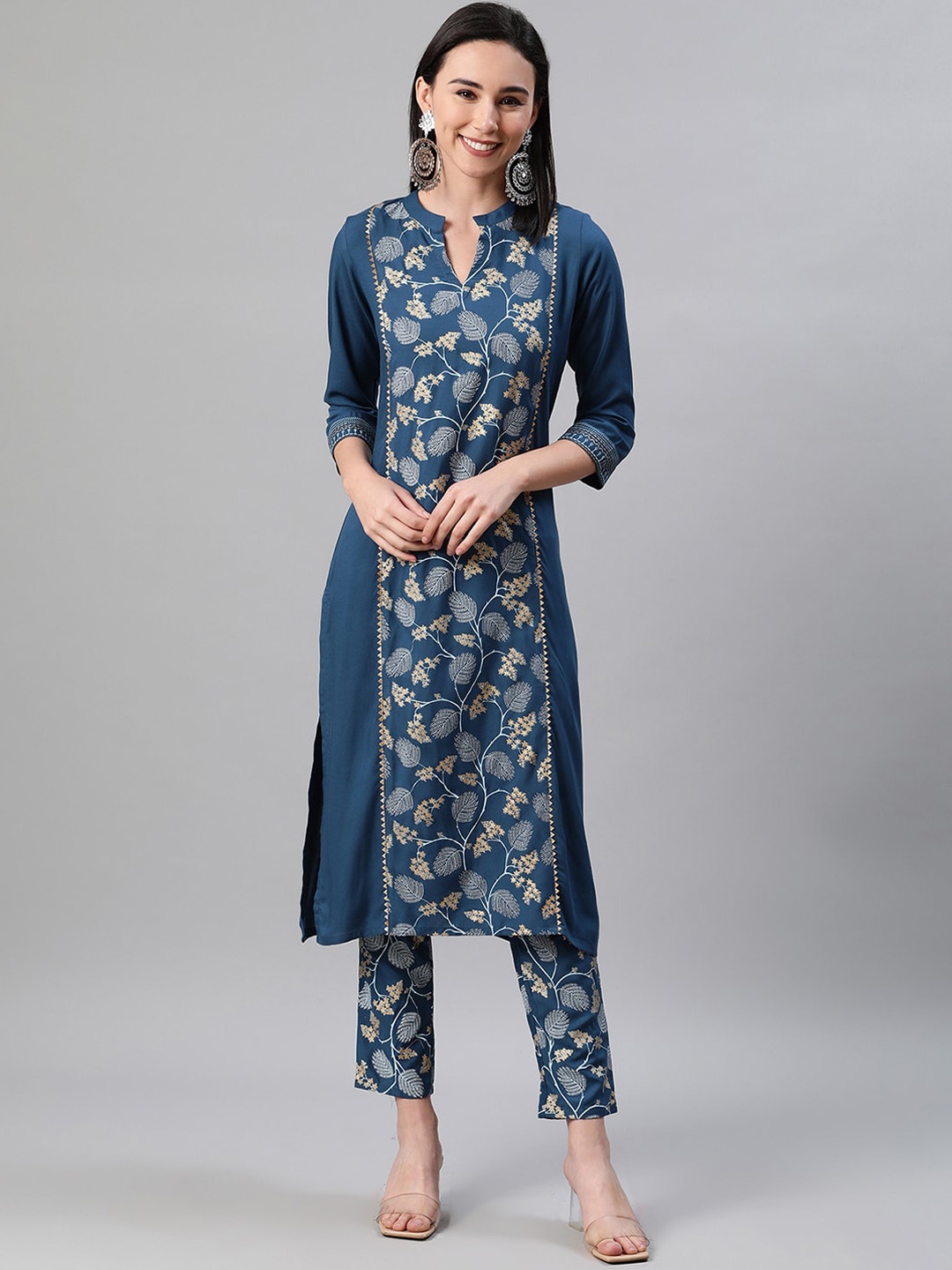 

ZIYAA Women Blue & Cream-Coloured Printed Kurta with Trousers