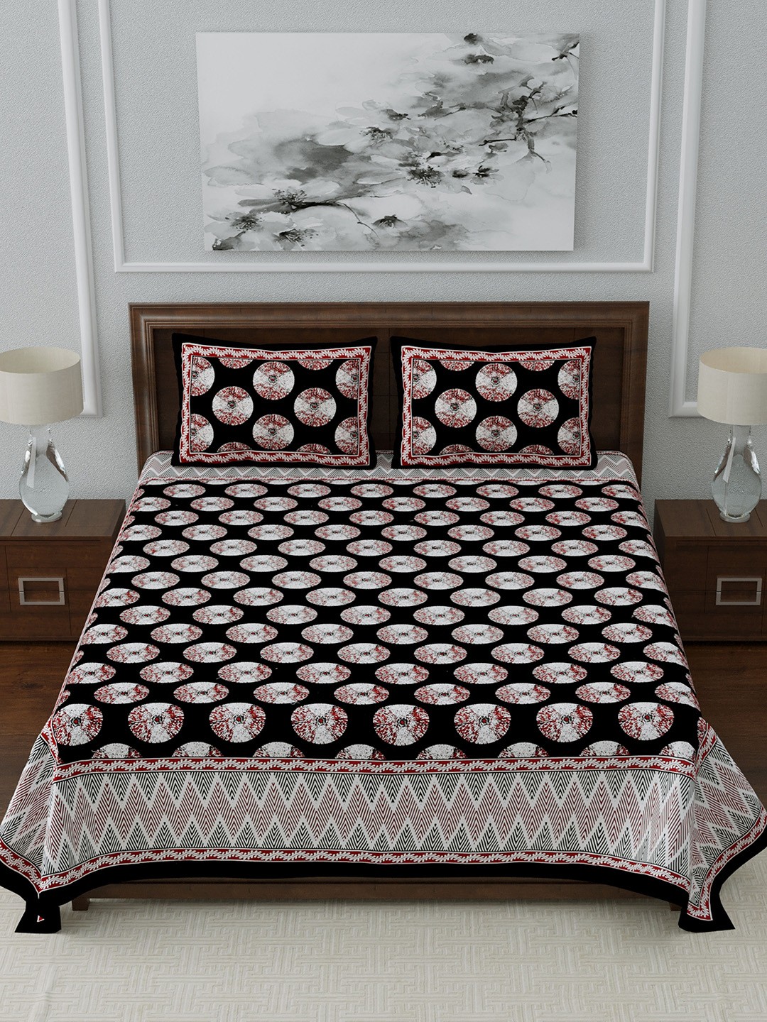 

LIVING ROOTS Black & Maroon Floral 210 TC Cotton 1 King Bedsheet with 2 Pillow Covers