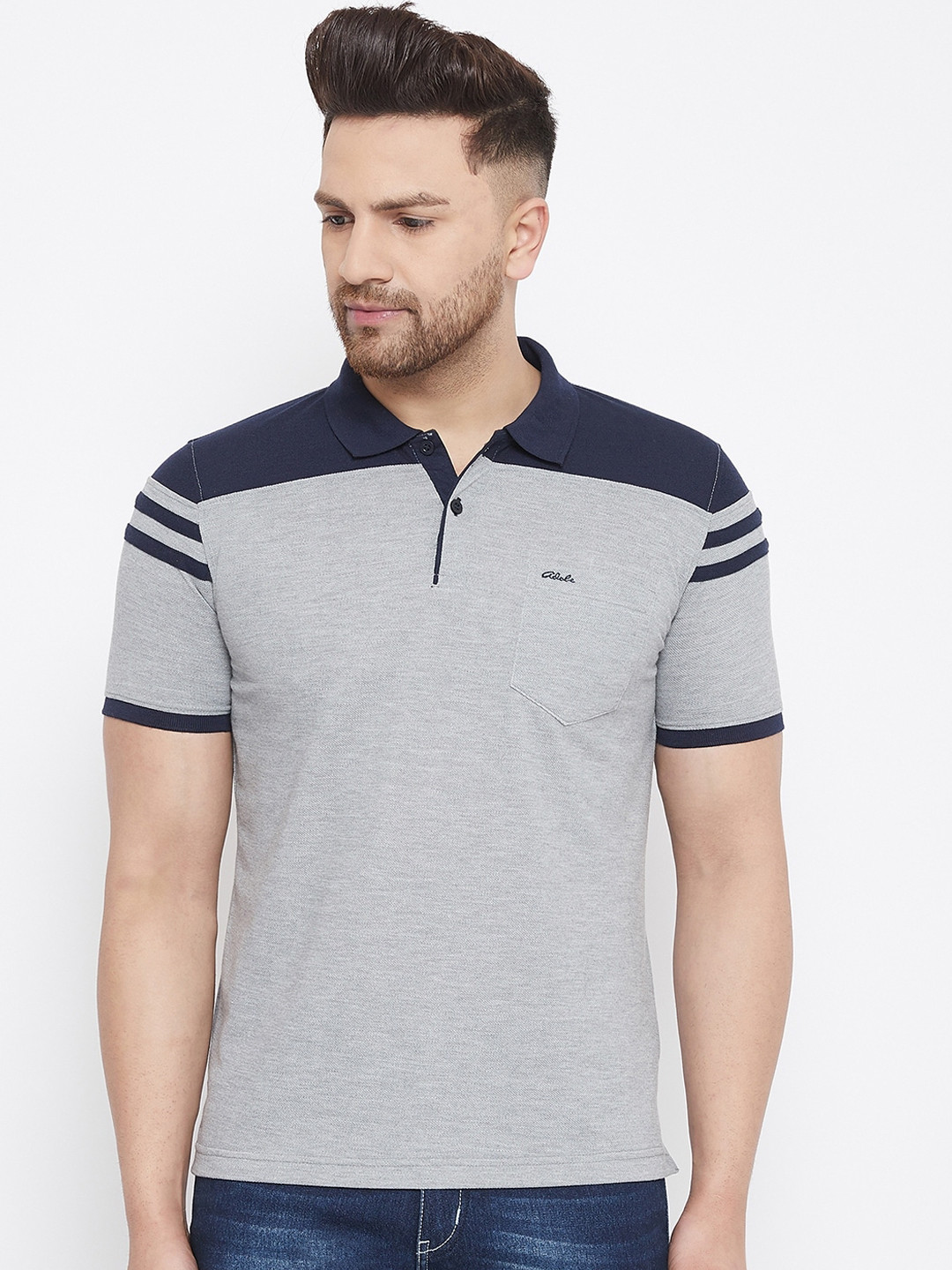 

Adobe Men Grey & Navy Blue Colourblocked Polo Collar T-shirt