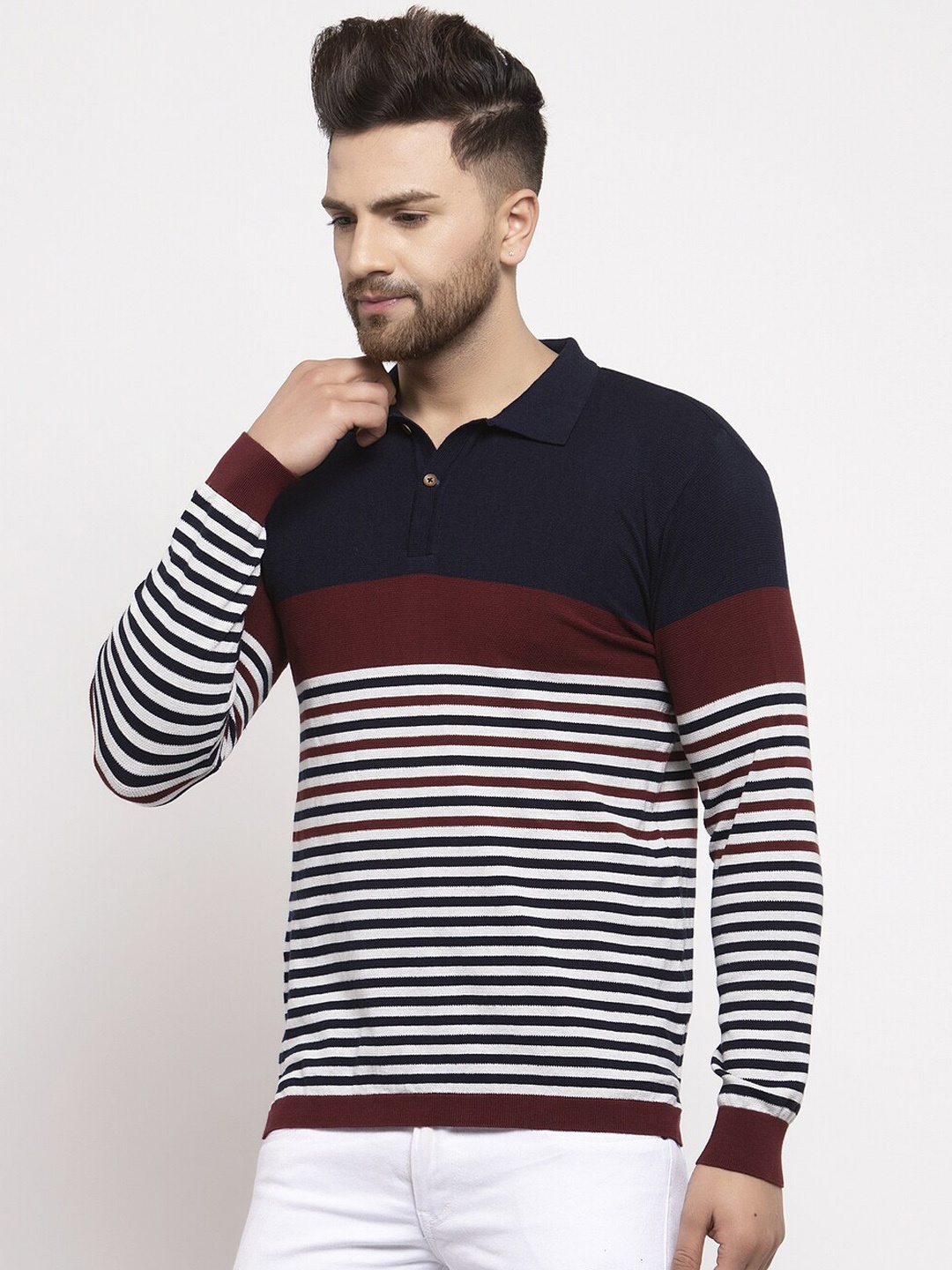 

Kalt Men Maroon Striped Polo Collar T-shirt