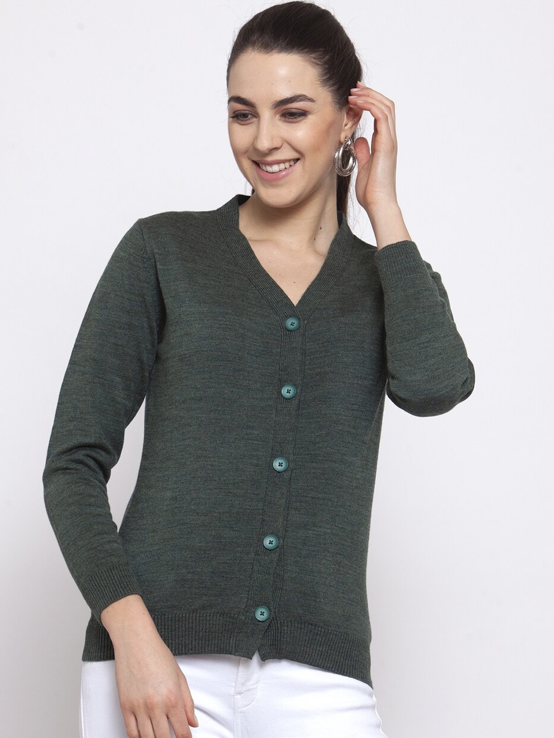 

Kalt Women Green Ribbed Cardigan Sweater