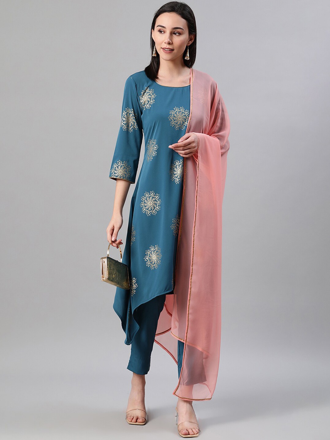 

ZIYAA Women Teal Blue & Pink Printed Kurta with Trousers & Dupatta