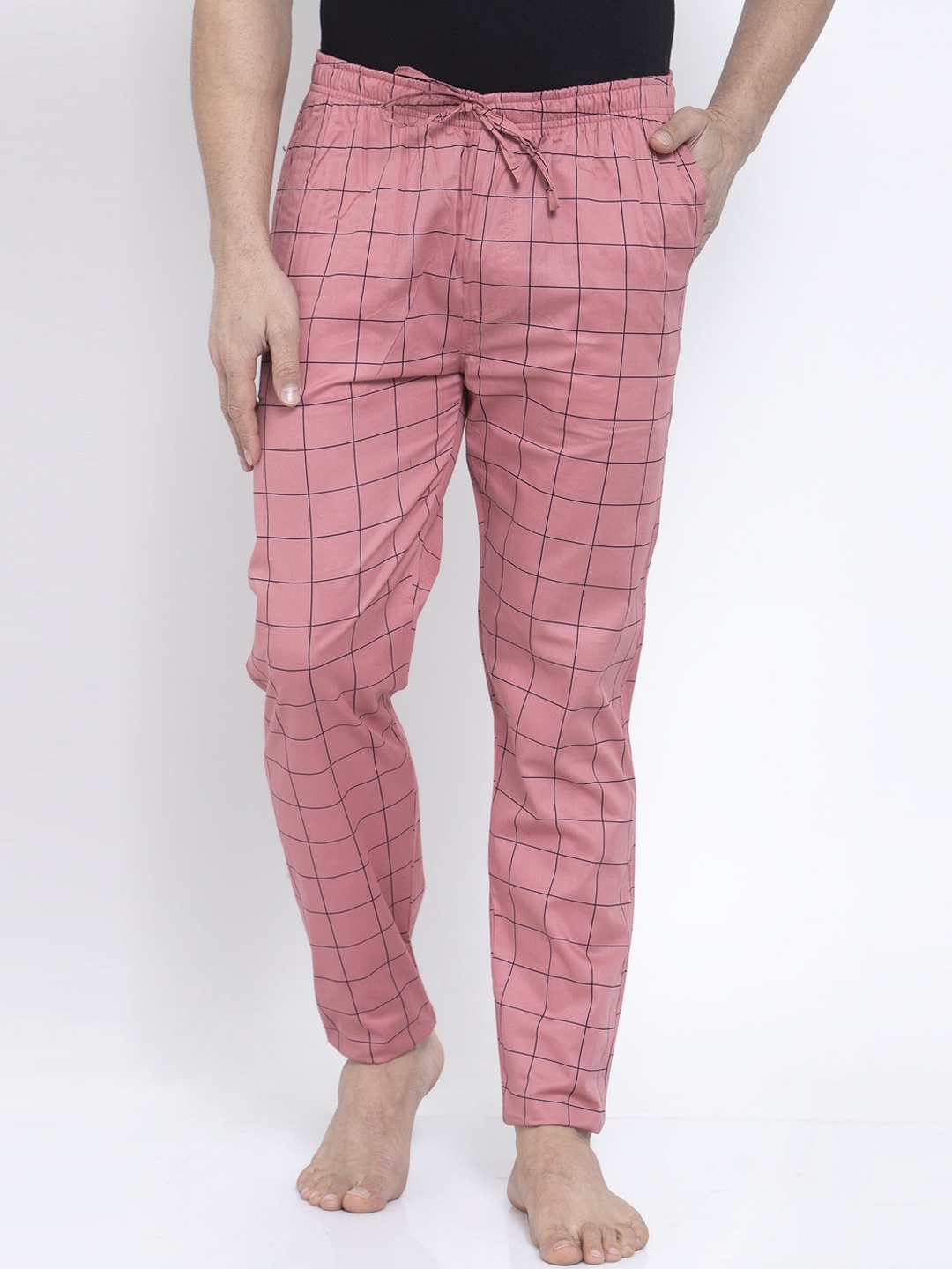 JAINISH Men Peach-Coloured & Black Checked Lounge Pants