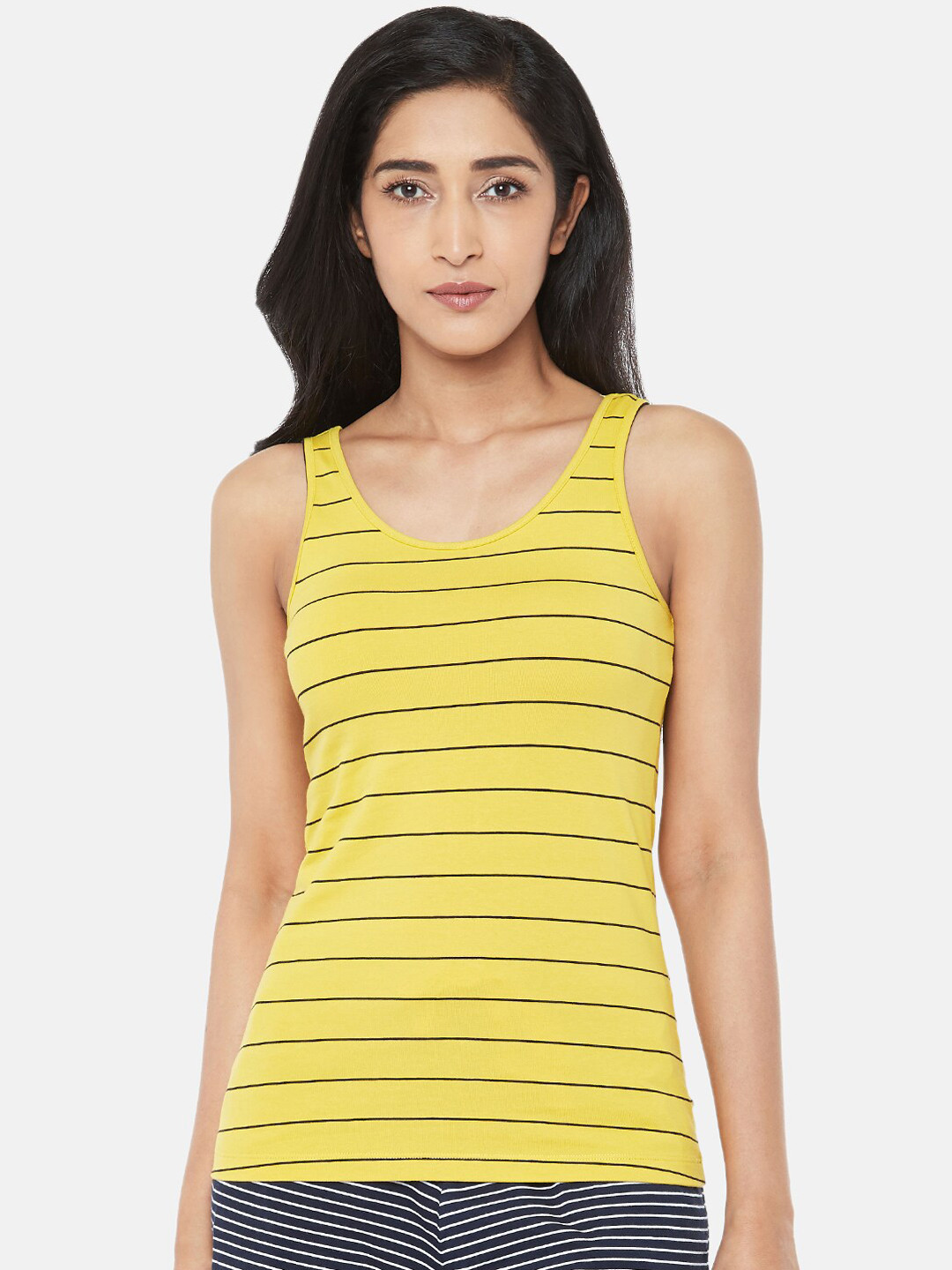 

Dreamz By Pantaloons Mustard Yellow & Black Striped Pure Cotton Lounge T-shirt 89051723174