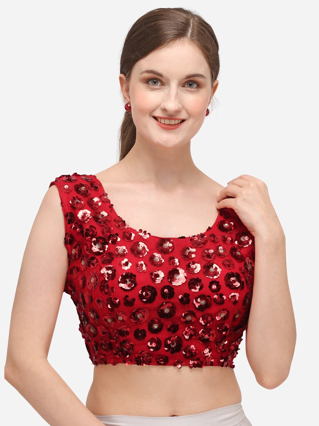 

Fab Dadu Women Red Sequin Embellished Readymade Saree Blouse