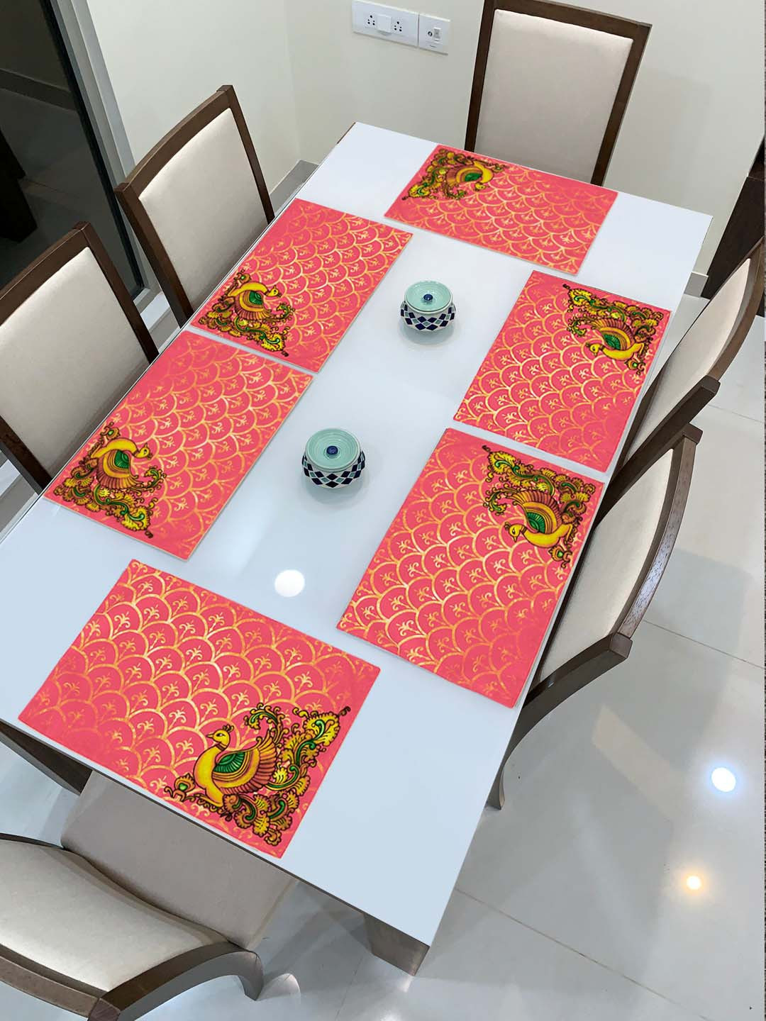 

HomeStorie Set of 6 Pink & Yellow Ethnic Motifs Digital Printed Table Placemats