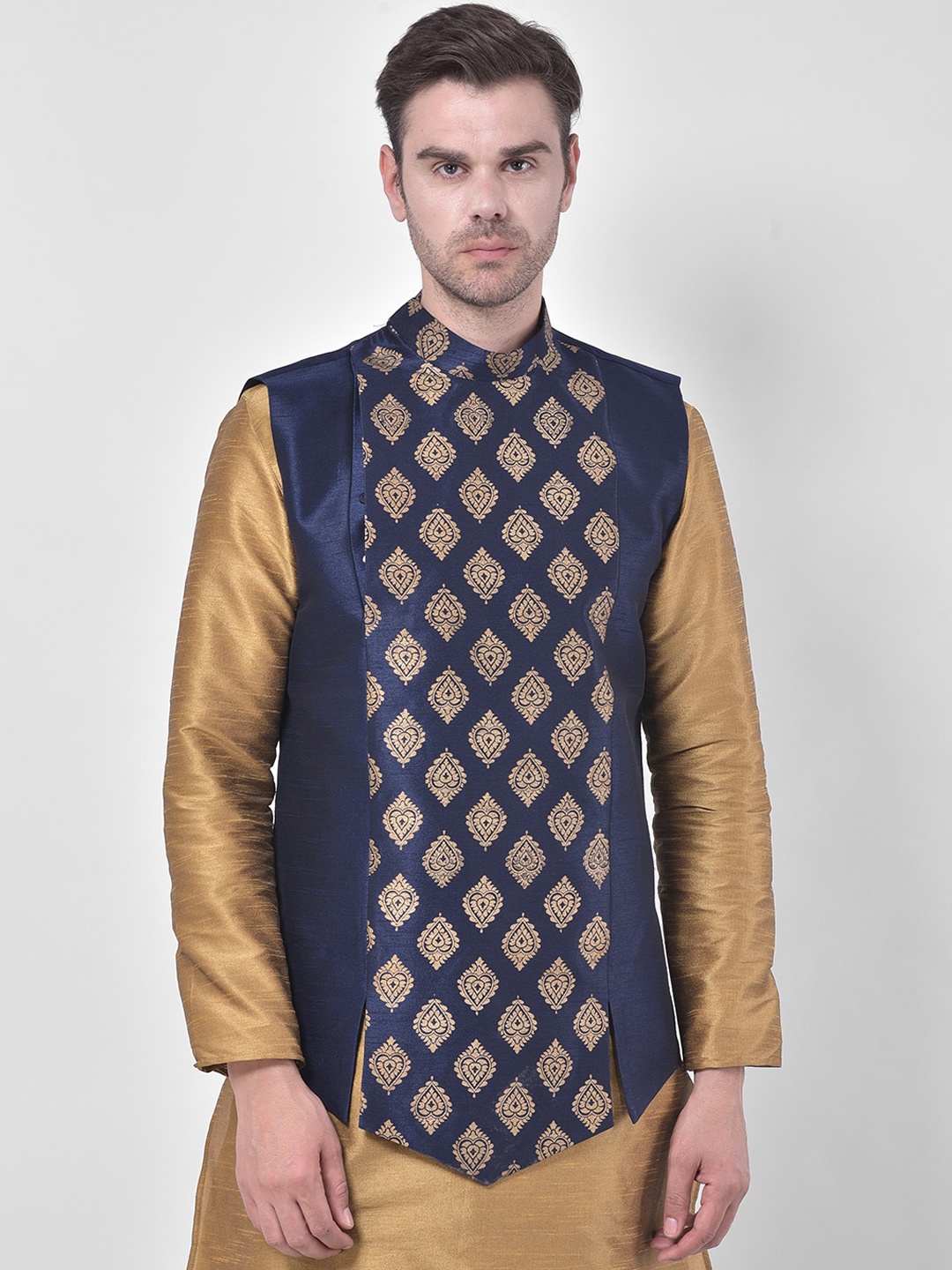 

DEYANN Men Navy Blue & Gold-Printed Woven Nehru Jacket