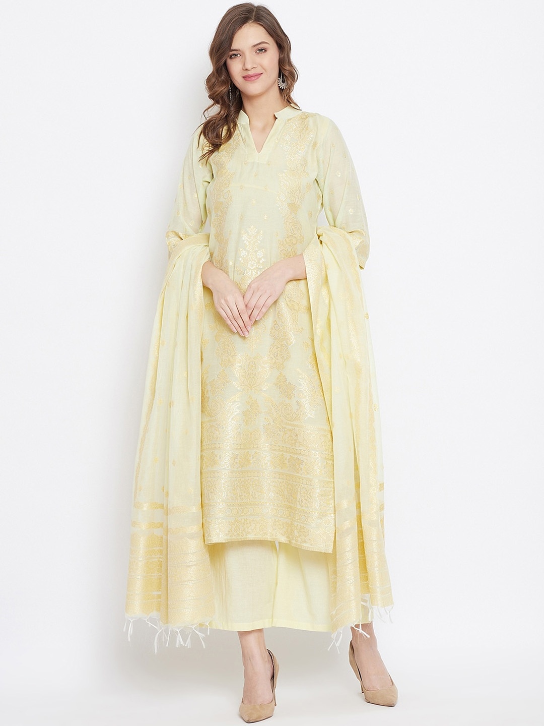 

Safaa Women Yellow Cotton Blend Woven Design Unstitched Dress Material For Summer