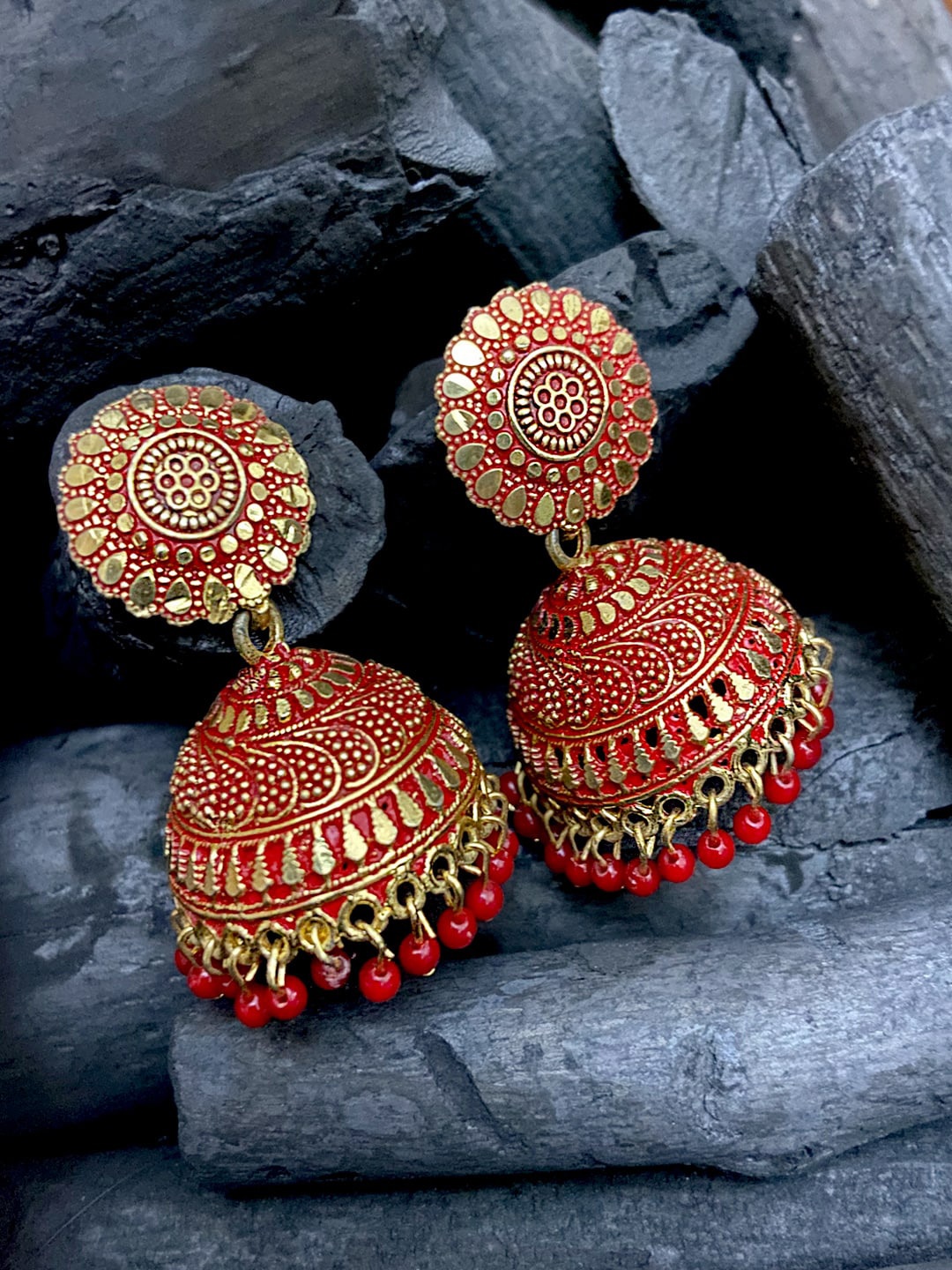 

ANIKAS CREATION Red & Gold-Toned Dome Shaped Traditional Enamelled Jhumkas