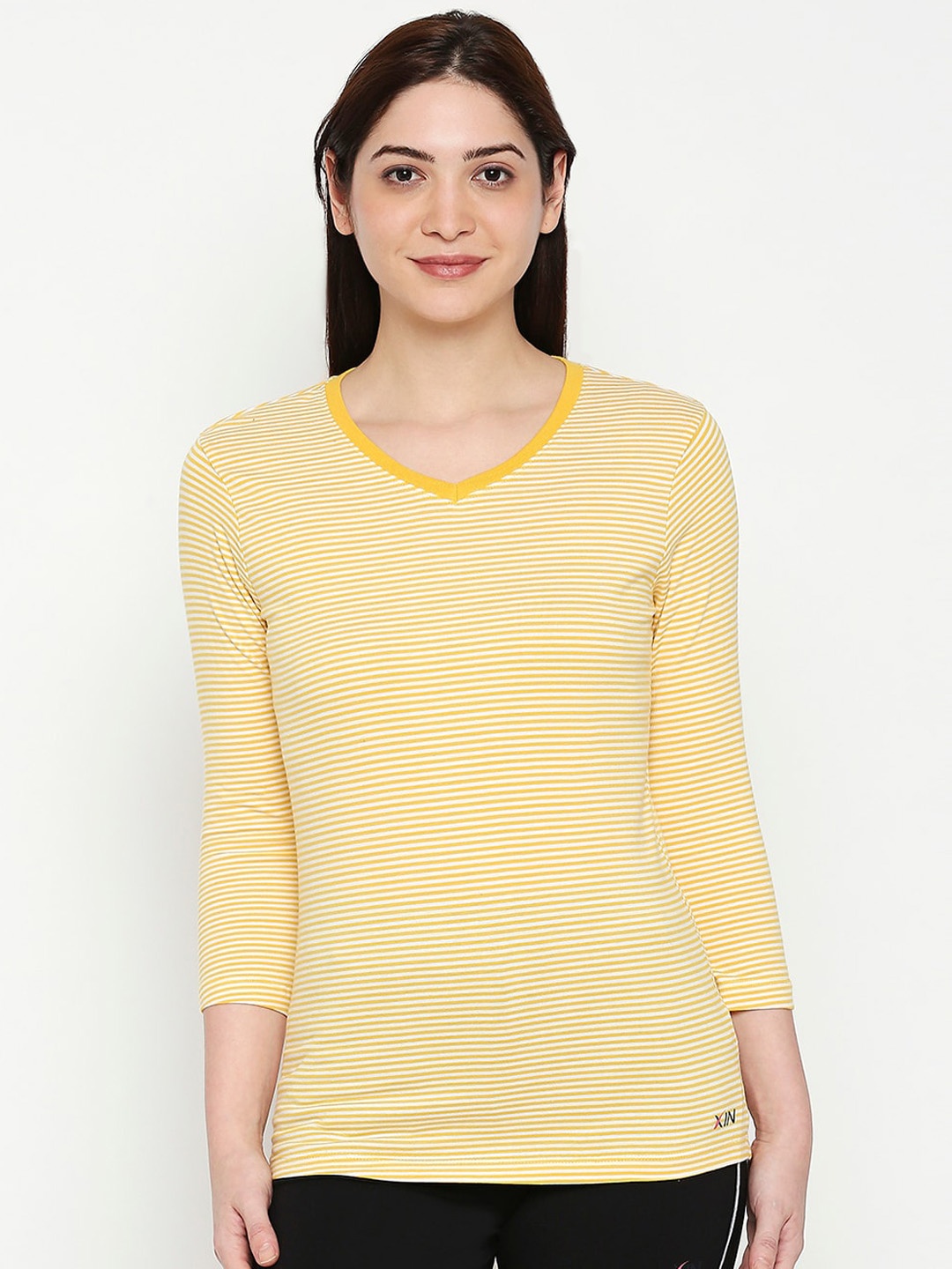 

XIN Women Yellow Striped V-Neck Lounge T-shirt