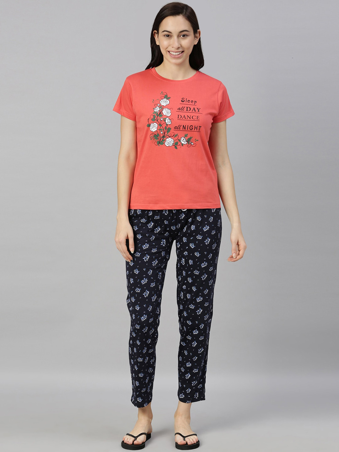 

Kryptic Women Coral & Navy Blue Printed Cotton Night Suit