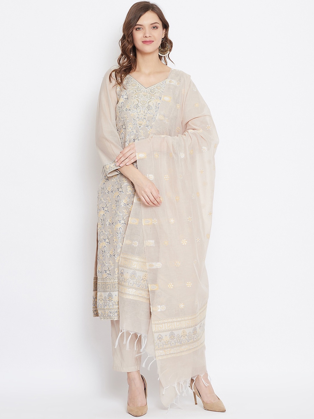 

Safaa Beige & Grey Cotton Blend Woven Design Unstitched Dress Material For Summer