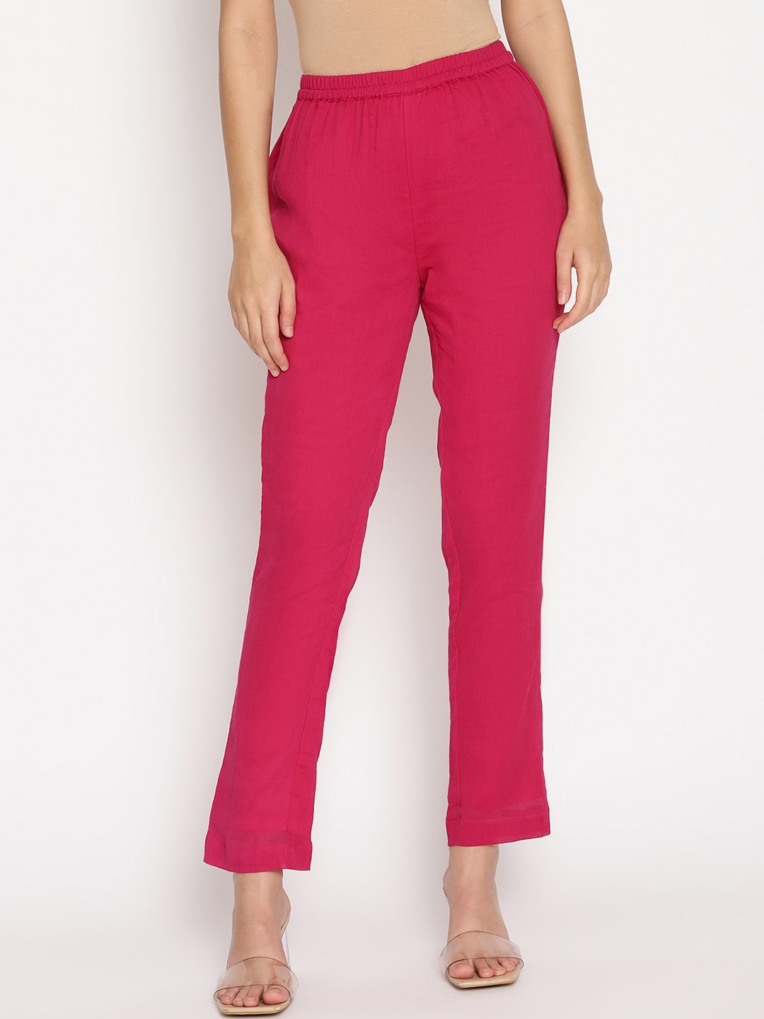 trueBrowns Women Pink Regular Fit Solid Cigarette Trousers