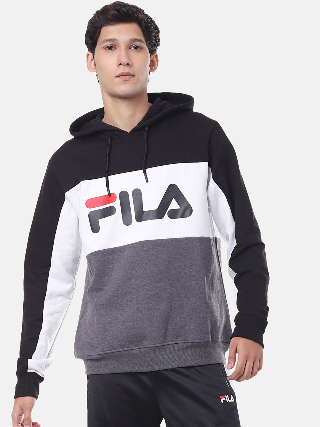 

FILA Men Black & White Printed Hooded Sweatshirt