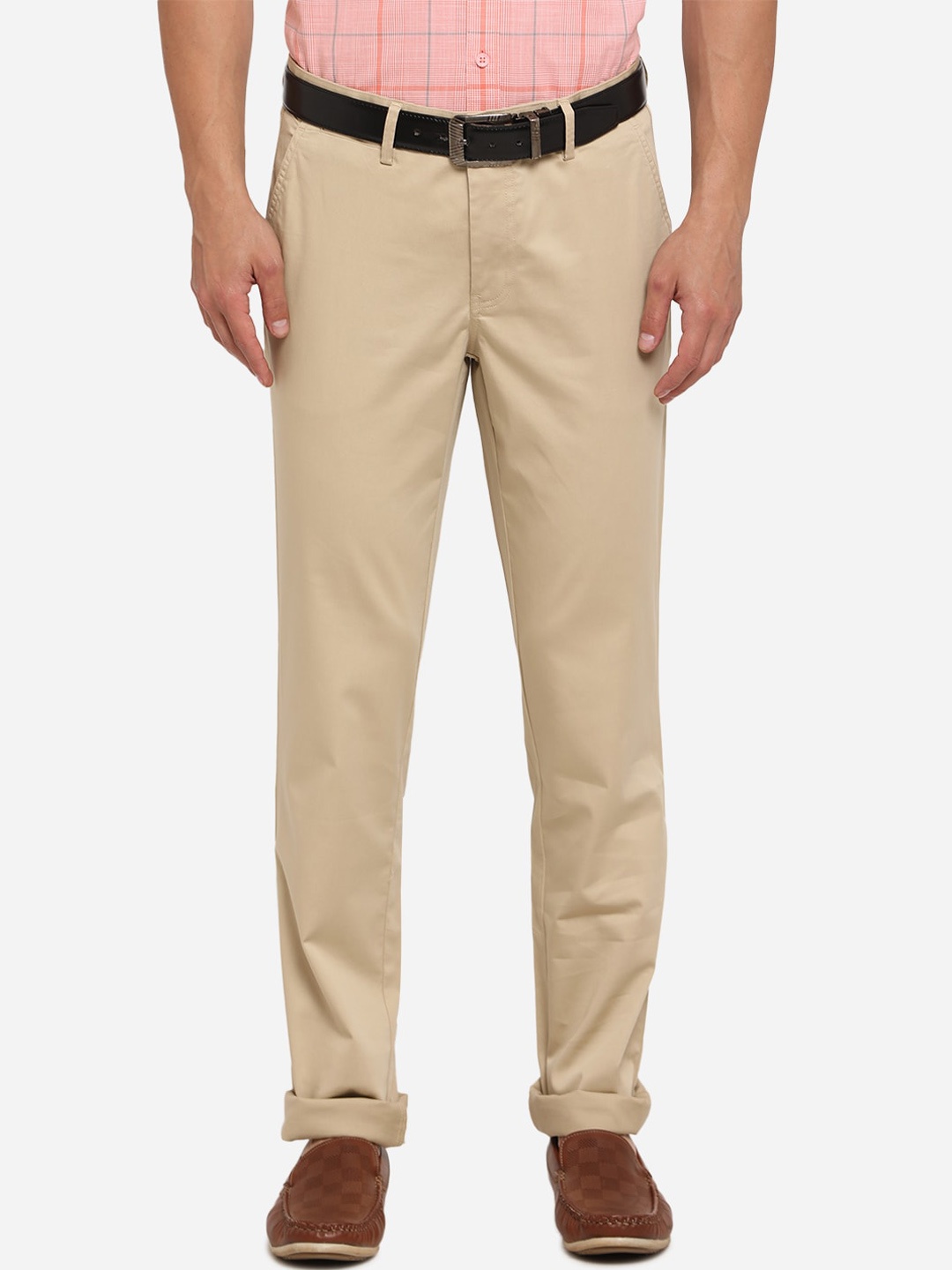 

JADE BLUE Men Beige Skinny Fit Solid Cotton Regular Trousers