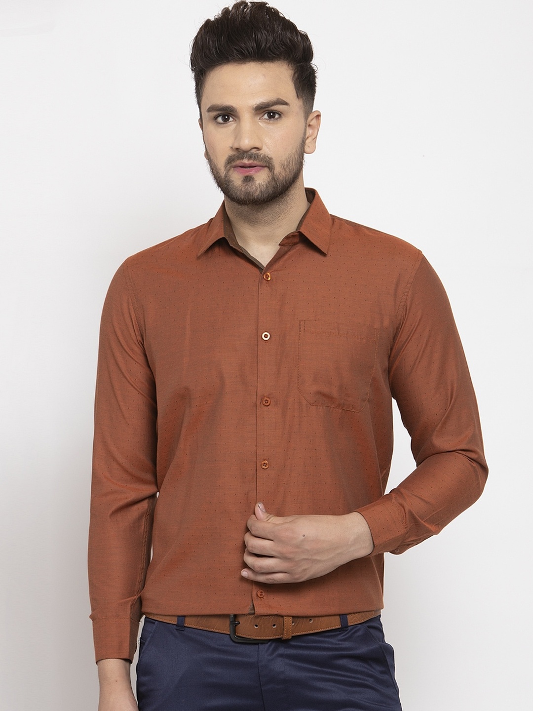 

JAINISH Men Brown Regular Fit Self Design Semiformal Shirt