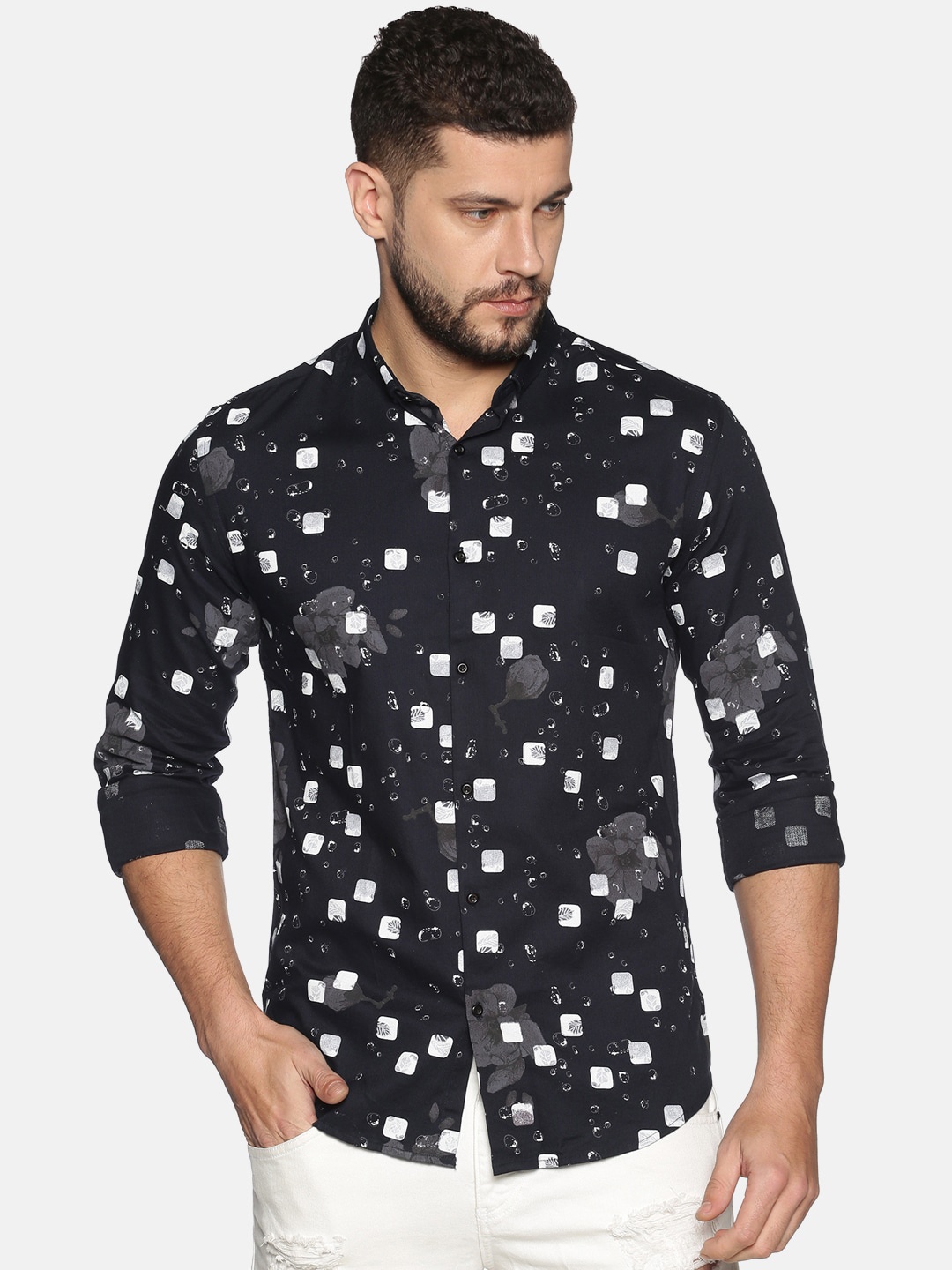 

SHOWOFF Men Navy Blue Slim Fit Printed Casual Shirt