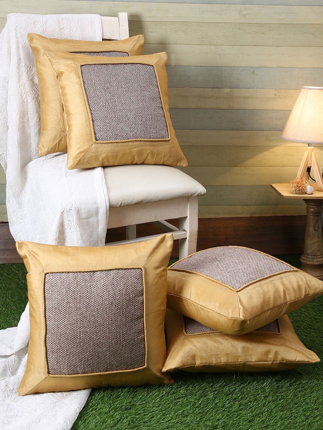 

ROMEE Beige & Silver-Toned Set of 5 Self Design Square Cushion Covers
