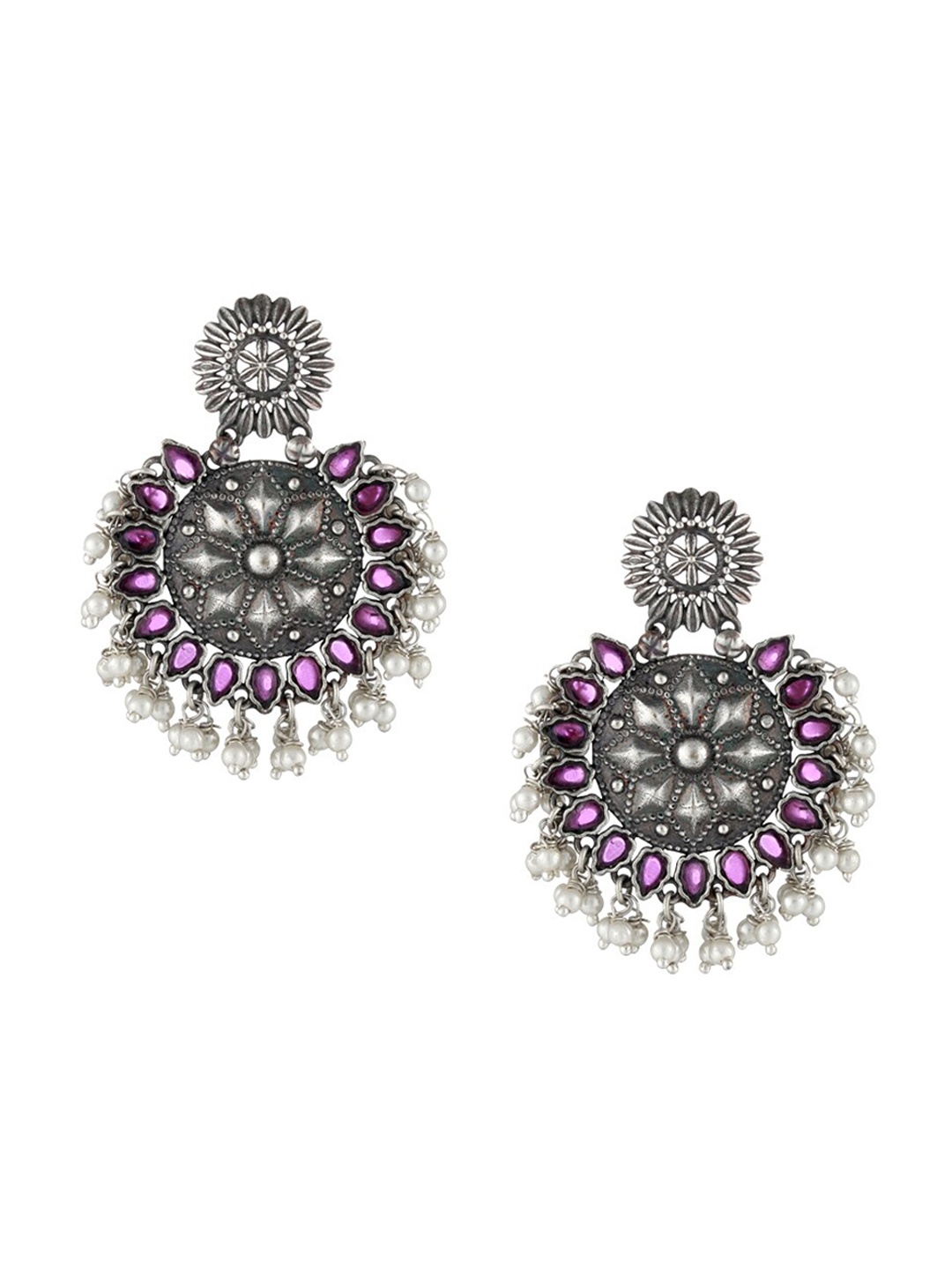 

Adwitiya Collection Silver-Plated Oxidised & Pink Contemporary Chandbalis