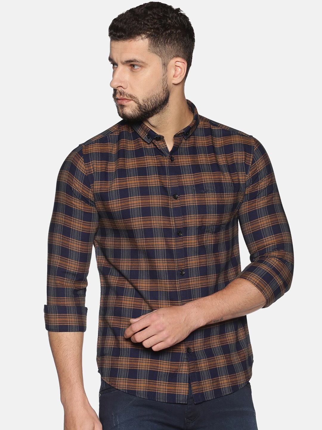 SHOWOFF Men Khaki & Blue Slim Fit Checked Casual Shirt