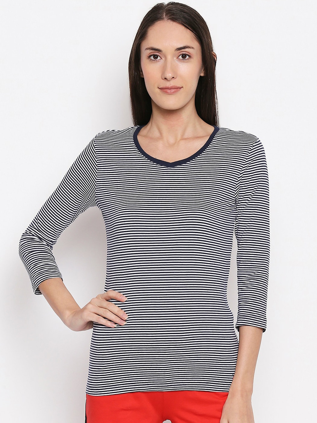 

XIN Women Navy Blue Striped V-Neck T-shirt