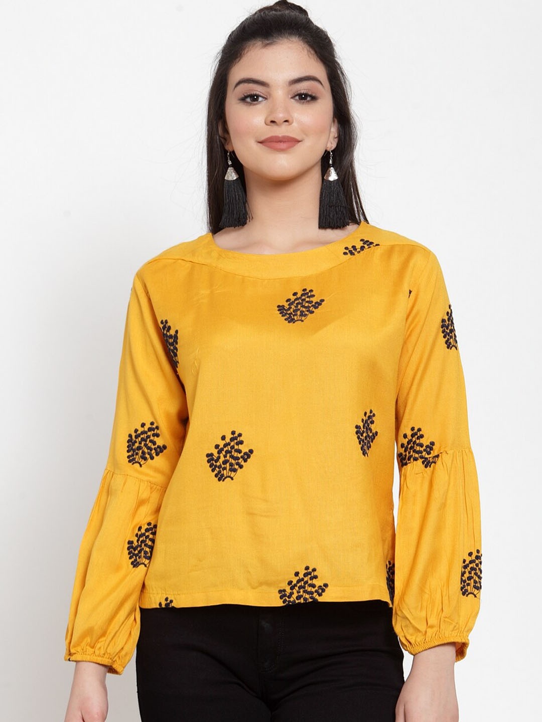 

Miaz Lifestyle Yellow Floral Embroidered Regular Top