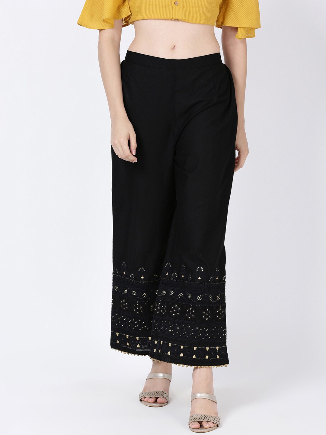 

Soch Women Black & Gold-Toned Hem Design Wide Leg Palazzos