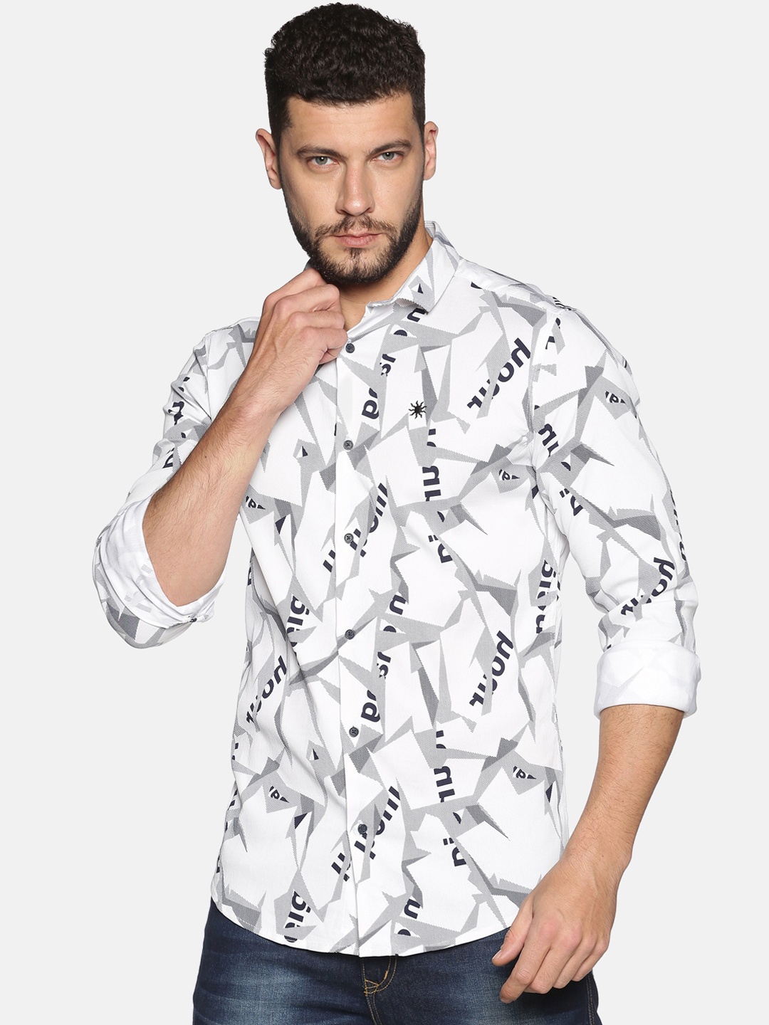 SHOWOFF Men White Slim Fit Printed Casual Shirt