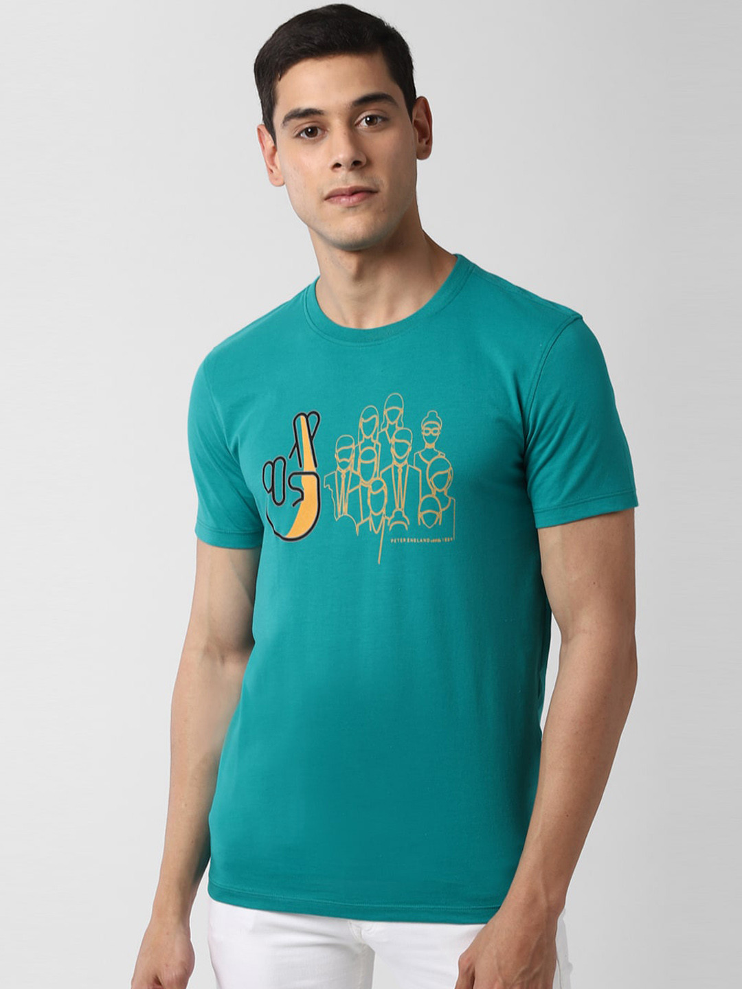 

Peter England Casuals Men Blue Printed Round Neck T-shirt