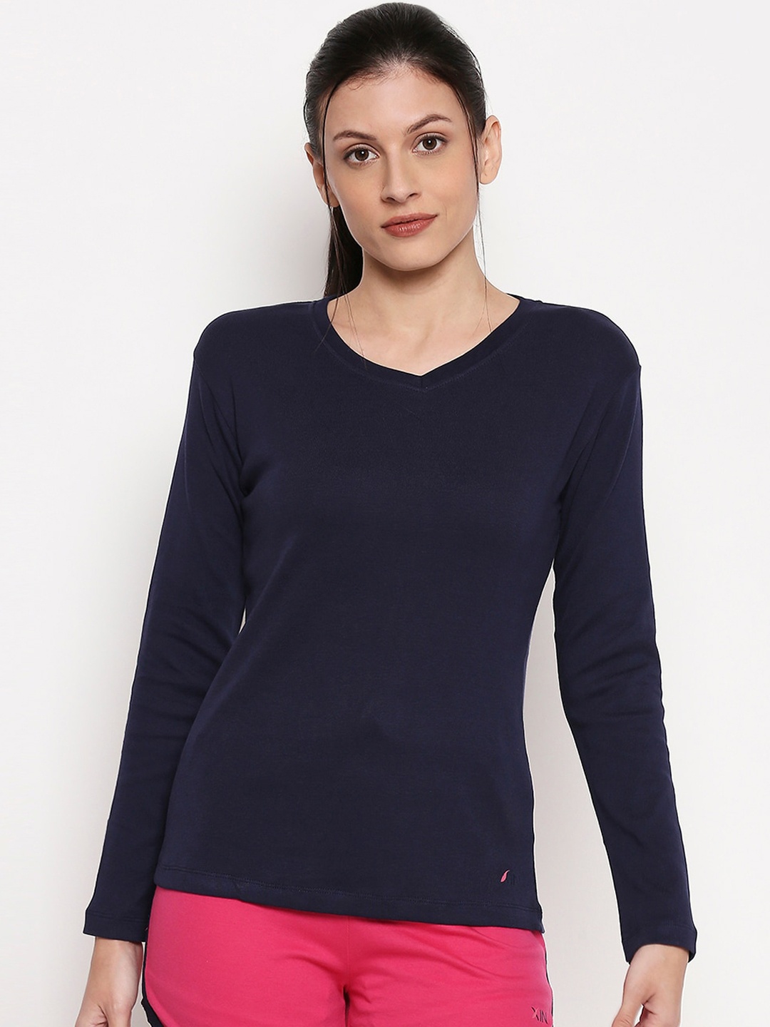 

XIN Women Navy Blue Solid V-Neck T-shirt