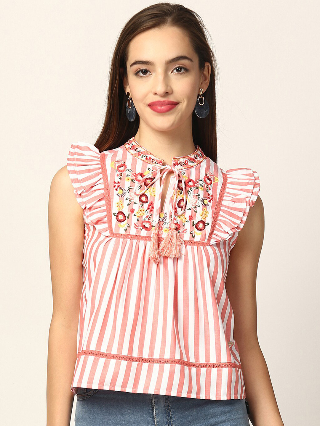 

Elle White & Pink Striped Tie-up Neck Regular Top