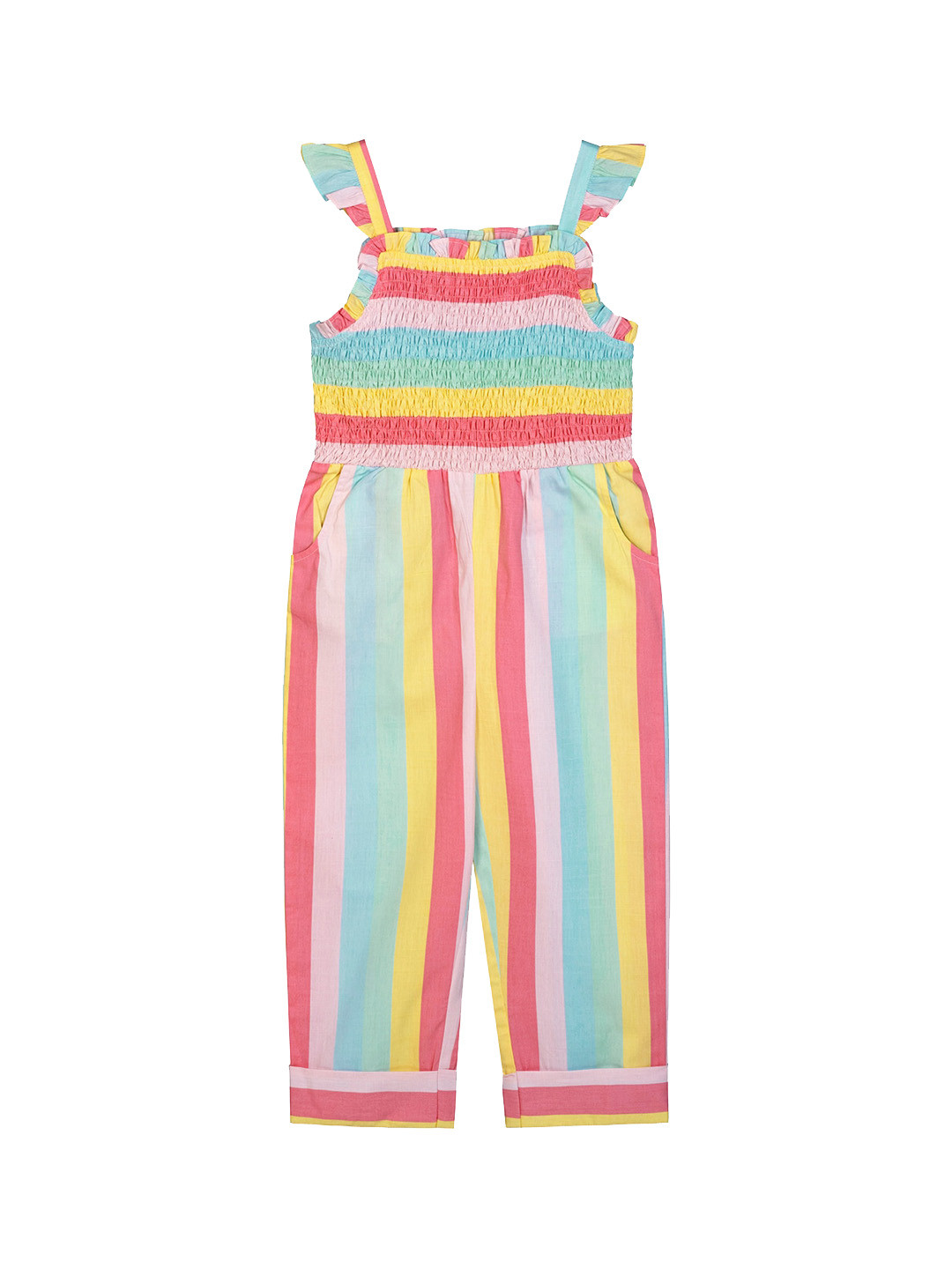 

Budding Bees Girls Pink & Yellow Striped Basic Jumpsuit