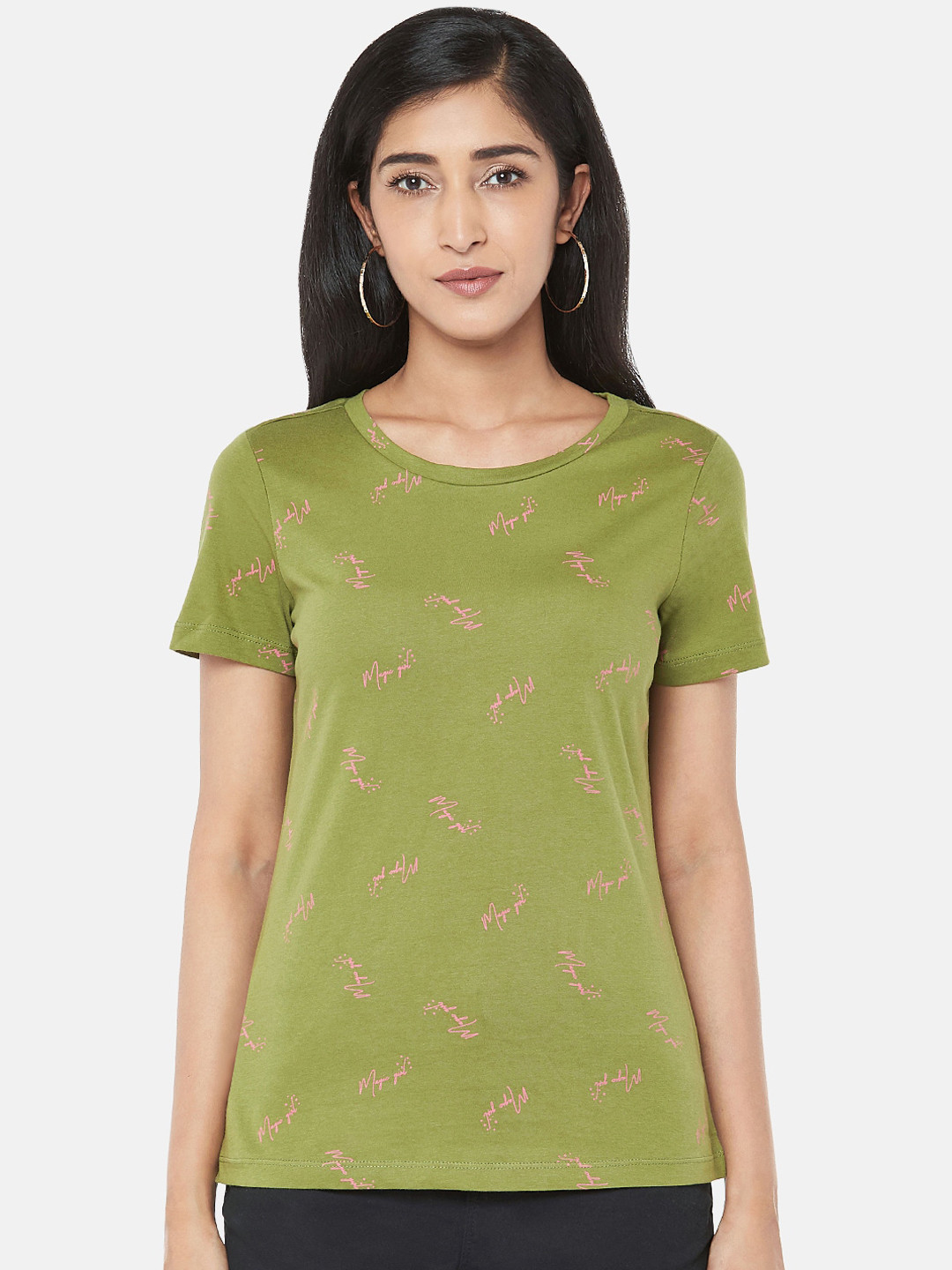 

Honey by Pantaloons Women Olive Green Printed Round Neck T-shirt