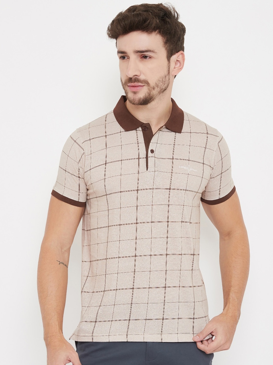

NEVA Men Brown Checked Polo Collar T-shirt
