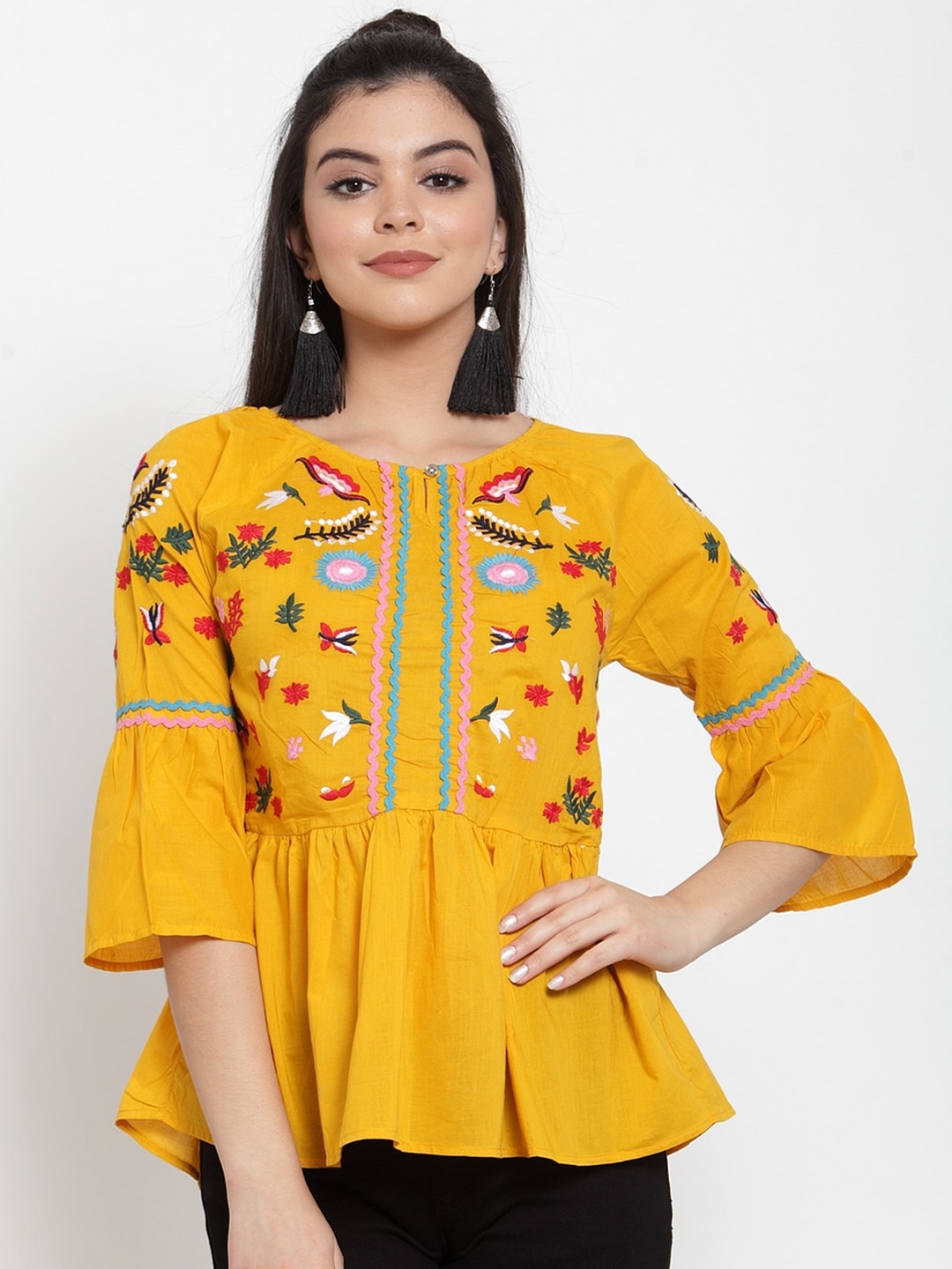 

Miaz Lifestyle Mustard Floral Embroidered Bell Sleeves Peplum Top