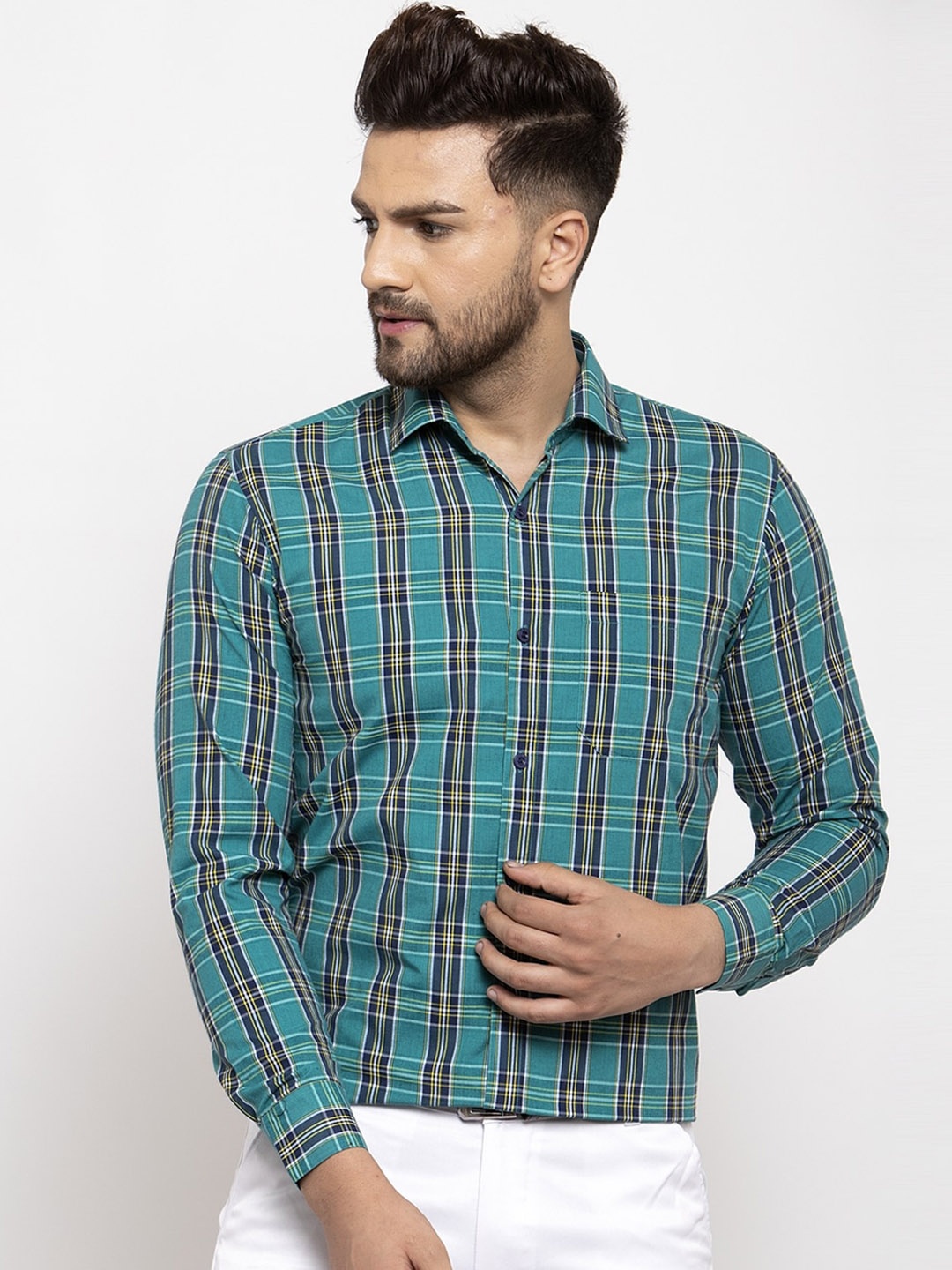 

JAINISH Men Green & Navy Blue Regular Fit Checked Formal Shirt