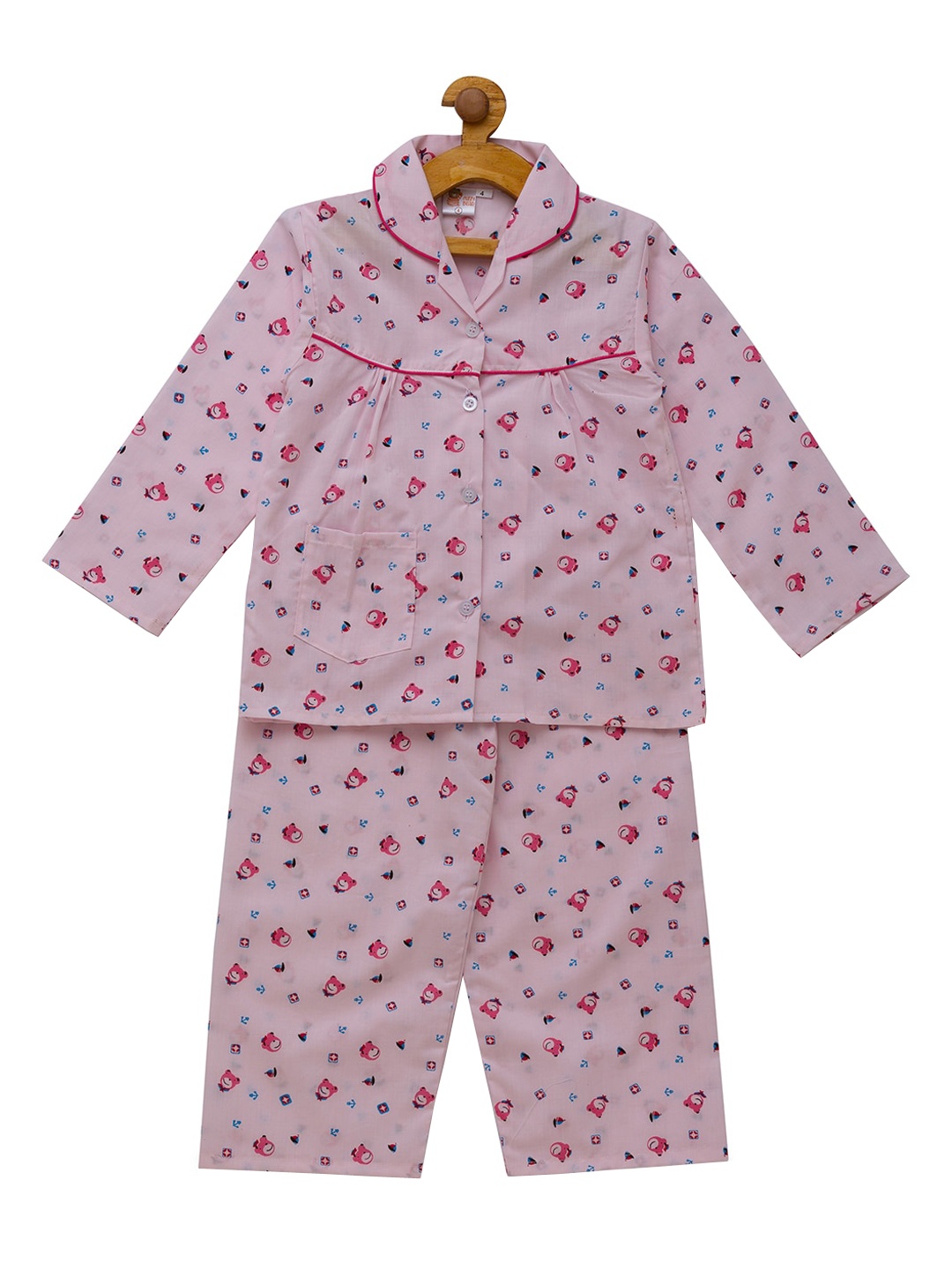 

Fuzzy Bear Girls Pink & Red Printed Night Suit