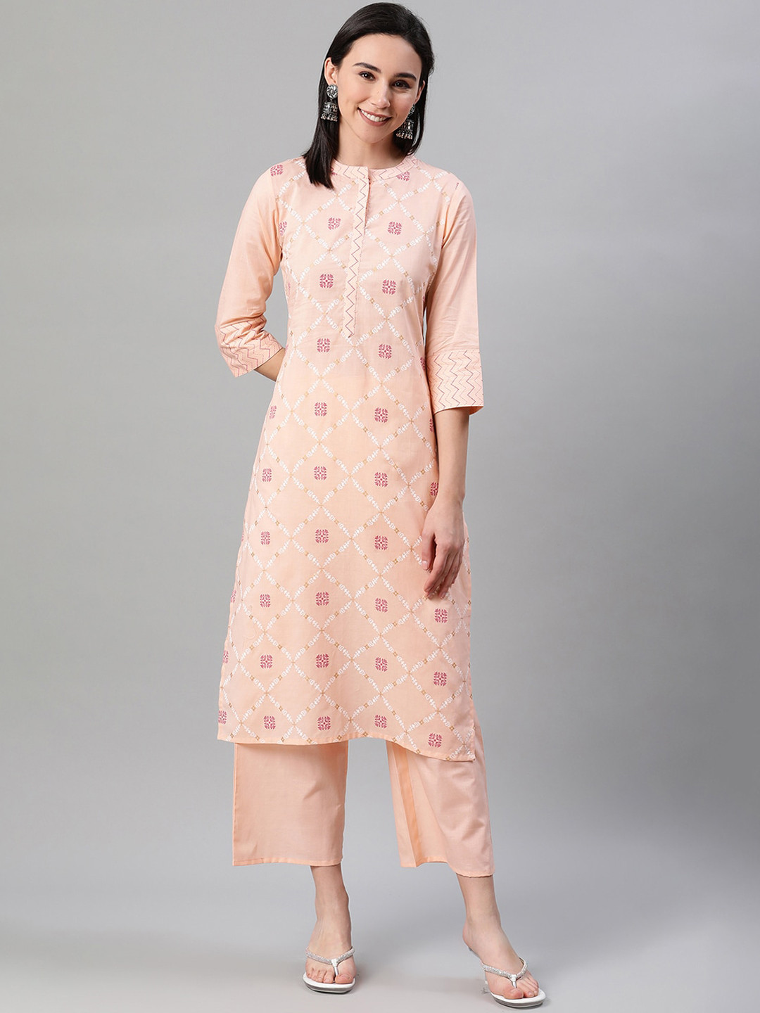 

ZIYAA Women Peach-Coloured Khari Print Straight Kurta And Palazzo Set