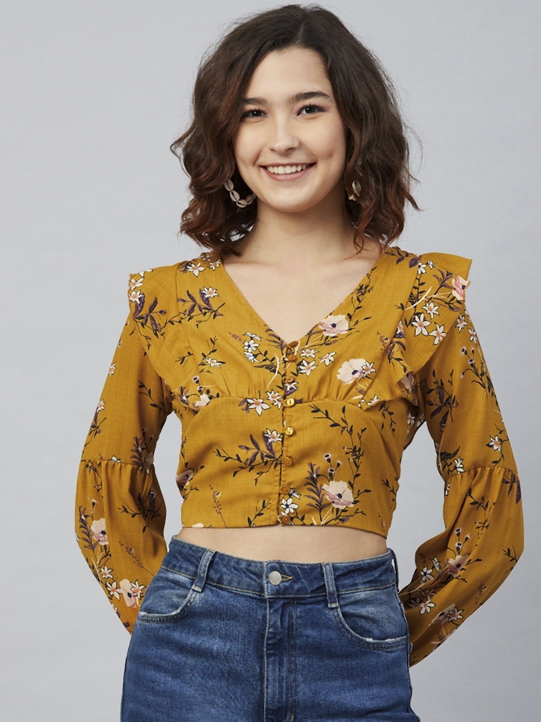 

Marie Claire Mustard Yellow & White Floral Printed Crepe Shirt Style Crop Top