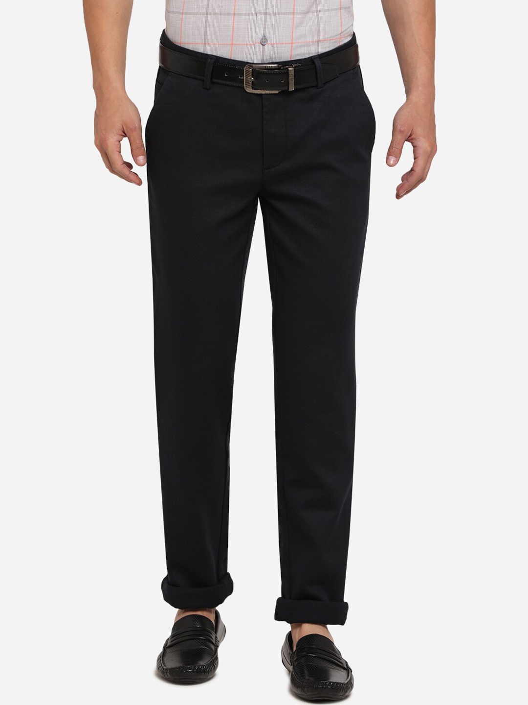 

JADE BLUE Men Blue Skinny Fit Solid Regular Cotton Trousers