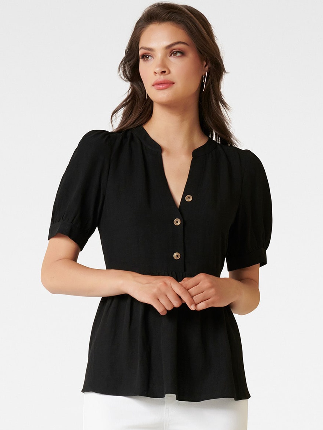 

Forever New Black Mandarin Collar Puff Sleeves Regular Top