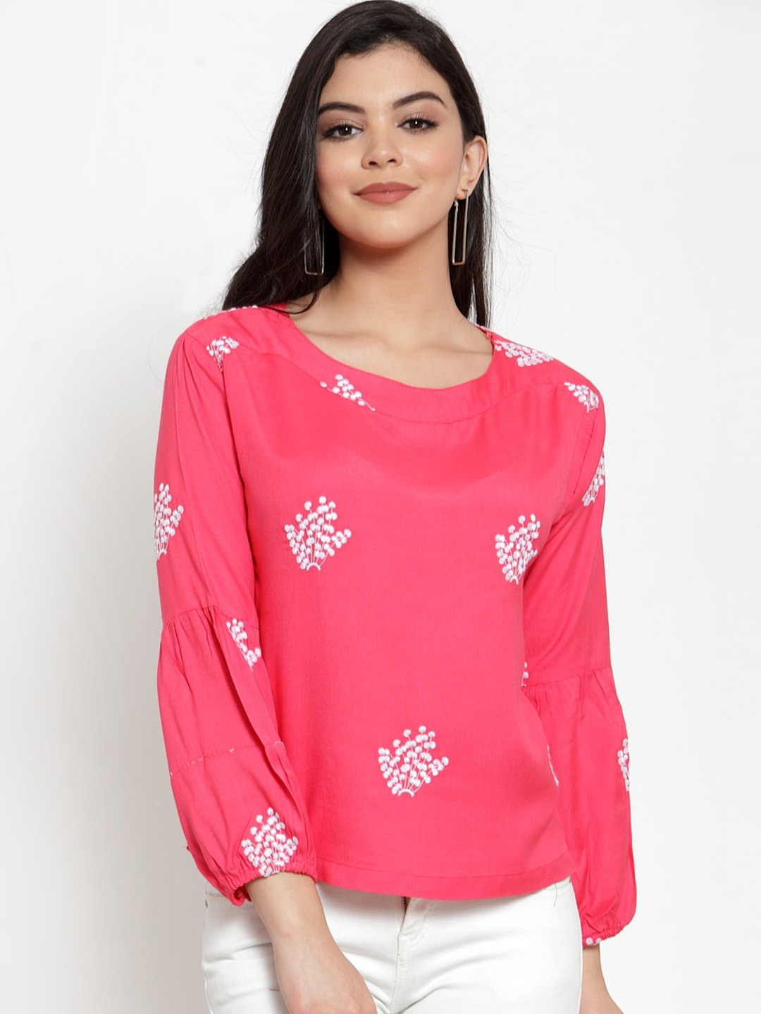 

Miaz Lifestyle Pink & White Floral Embroidered Regular Top