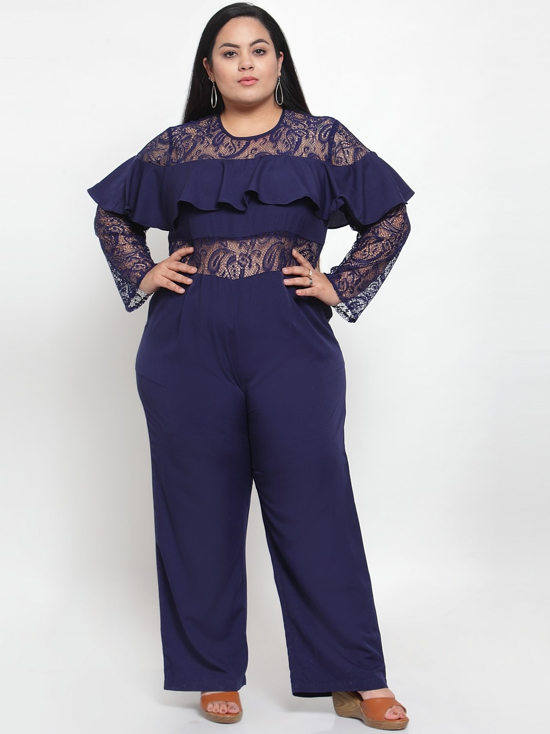 

Flambeur Plus Size Women Navy Blue Self Design Ruffled Basic Jumpsuit