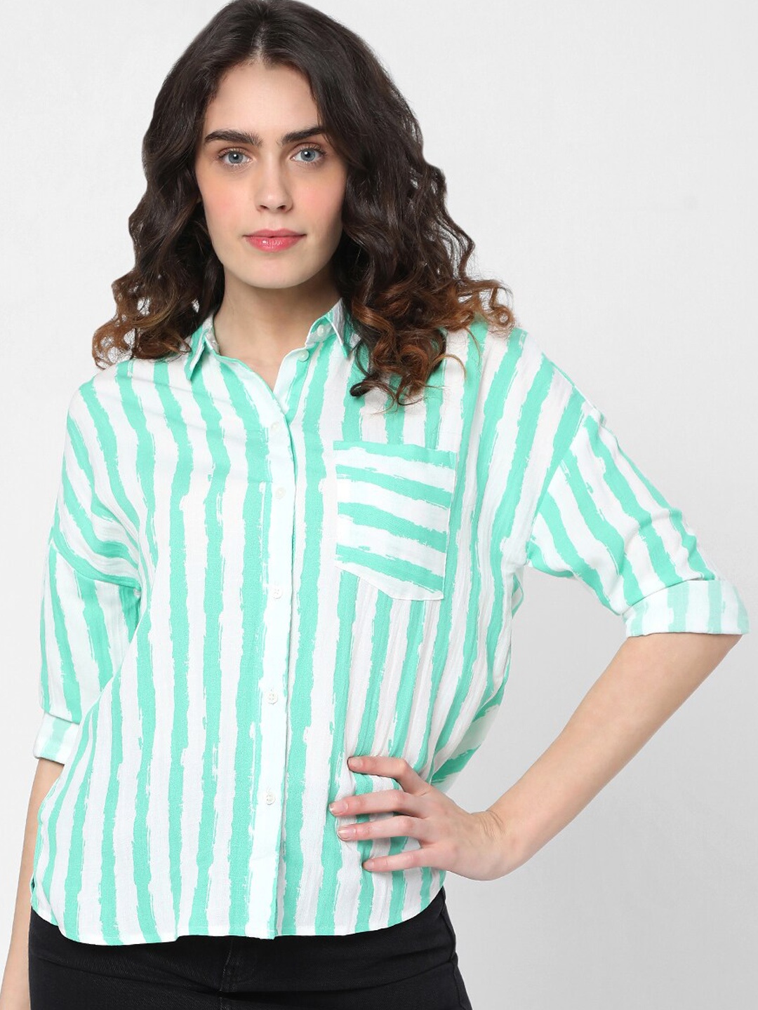

Vero Moda Women Green & White Regular Fit Striped Casual Shirt