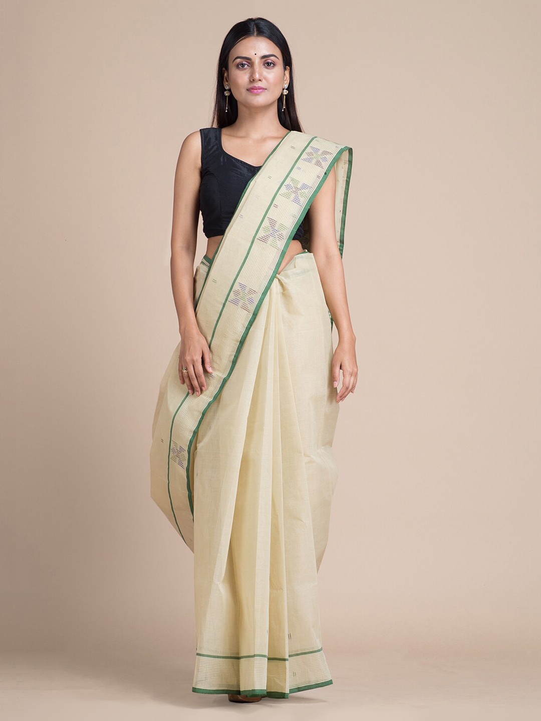 

Mitera Off-White & Green Pure Cotton Woven Design Taant Saree