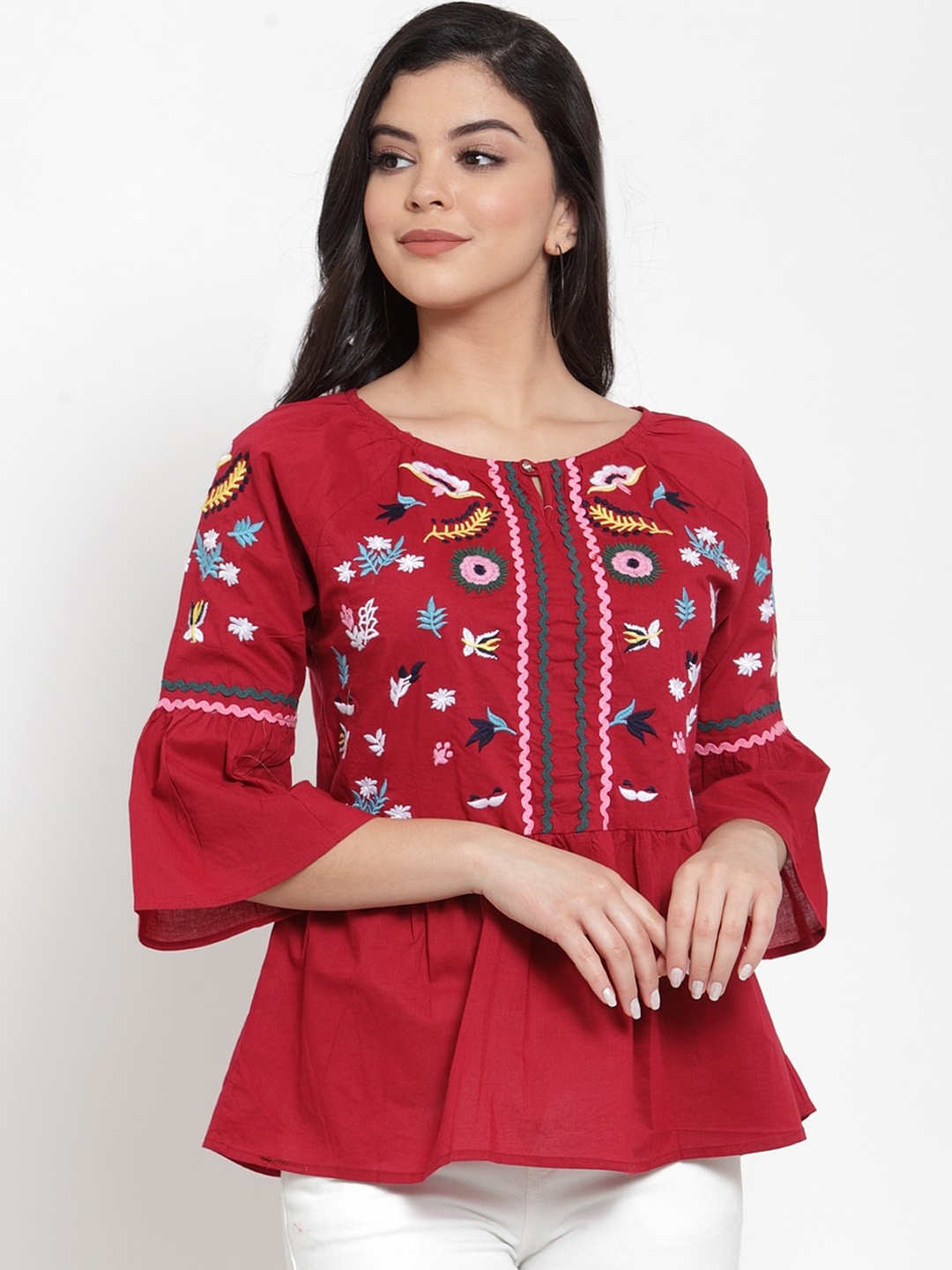 

Miaz Lifestyle Maroon Floral Embroidered Bell Sleeves Peplum Top