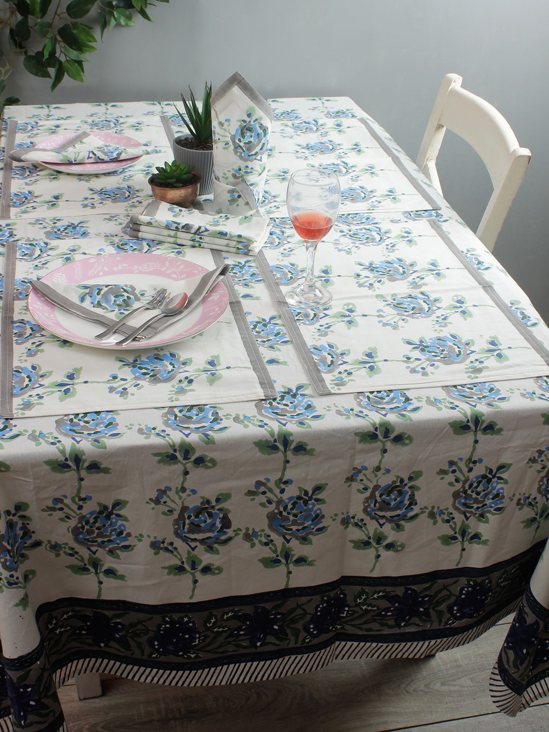 

Rajasthan Decor Set Of 13 White & Blue Floral Printed Sustainable Table Linen